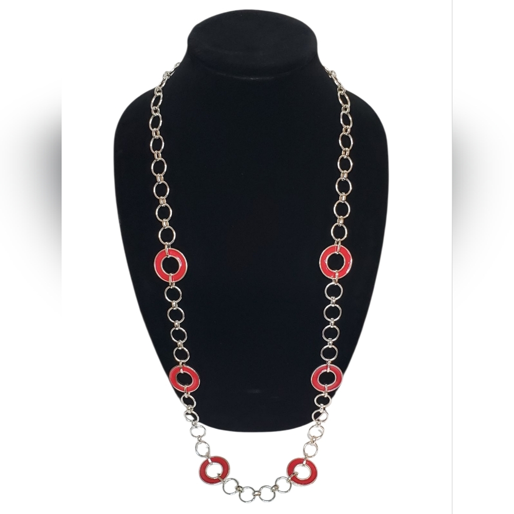 Estate Chaps Silver-Tone Red Enamel Open Circle Link 36" Toggle Clasp Necklace